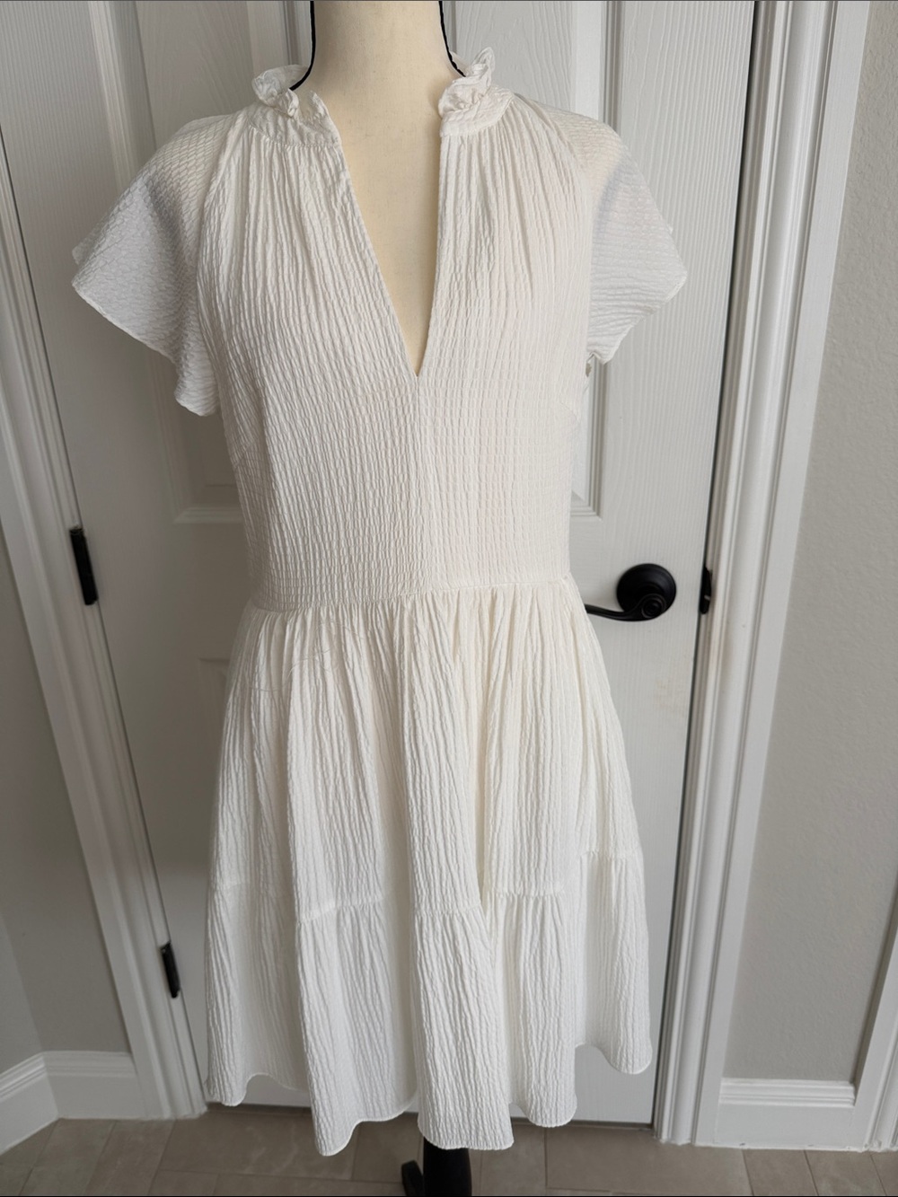 ANTONIO MELANI Cream Ruffle-Neck Tiered Midi Dress